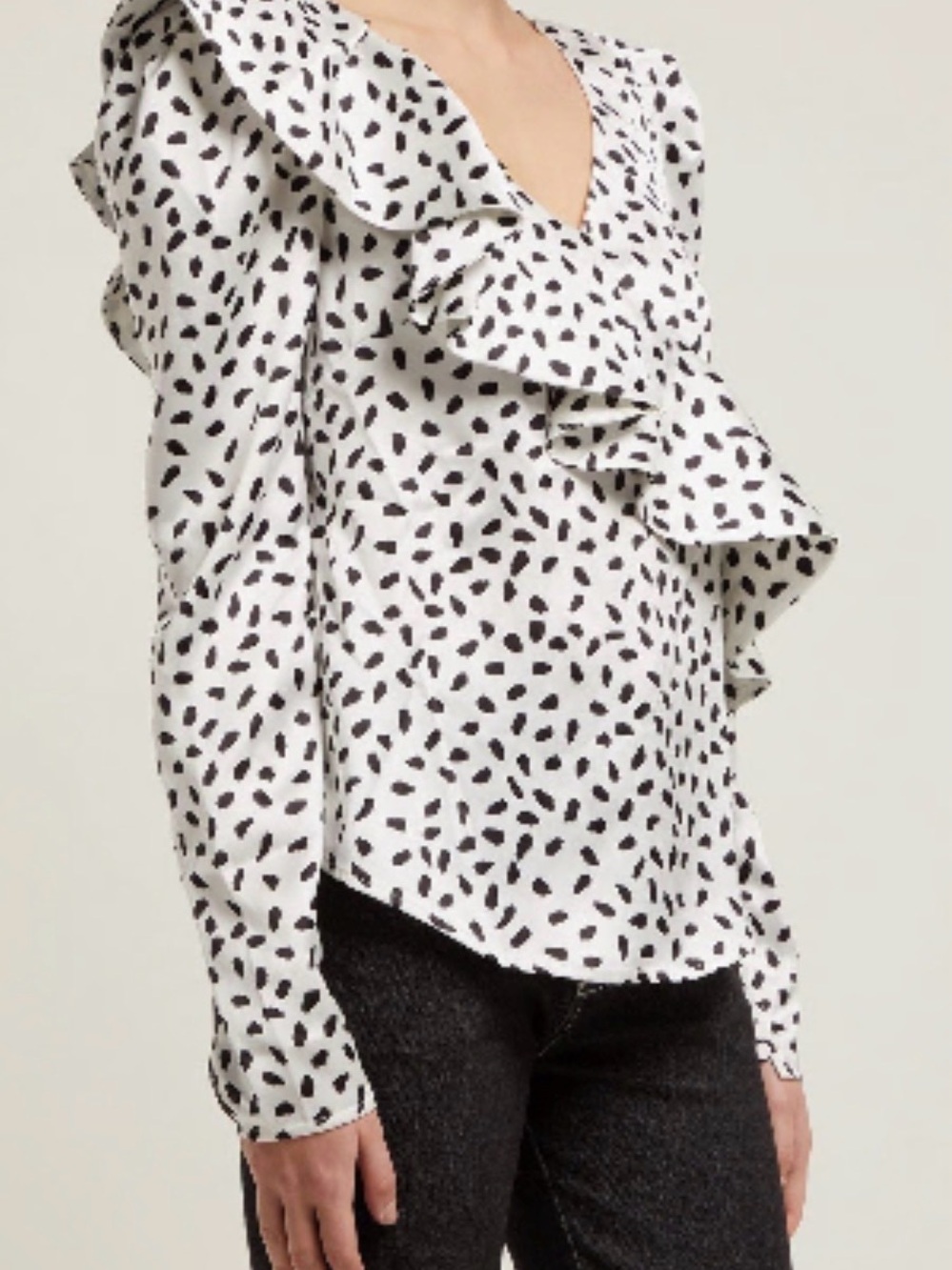 Self-Portrait White Blouse with Black Spot Print and Ruffle V-Neck